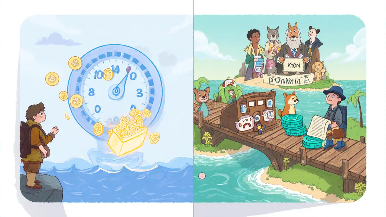 Split scene: RING locked in a box while explorer stakes KTON on a bridge and votes with cartoon council.