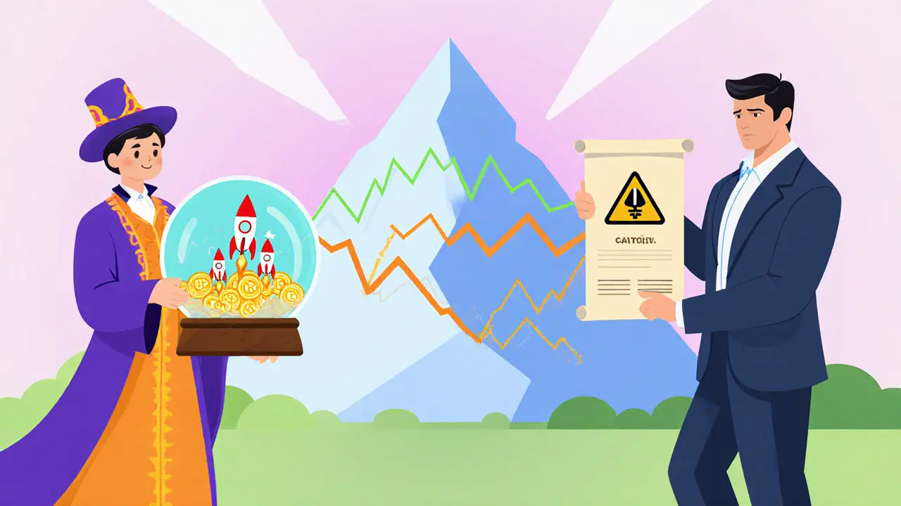 Storybook illustration of a crystal ball and split chart showing bullish and bearish MOCHI token forecasts.