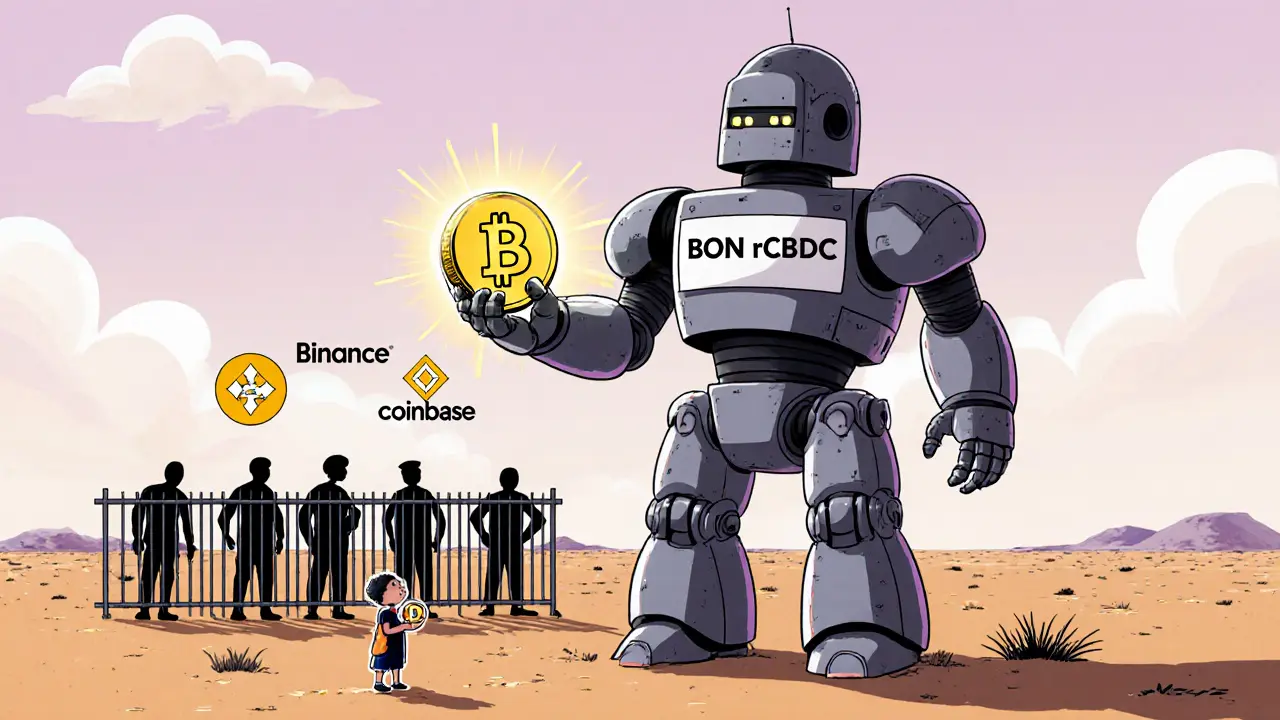 A central bank robot holds a digital currency coin while foreign crypto platforms are locked behind bars.
