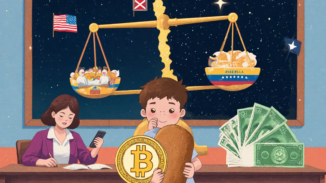 A child holds a USDT coin like food as a teacher converts cash to digital currency.