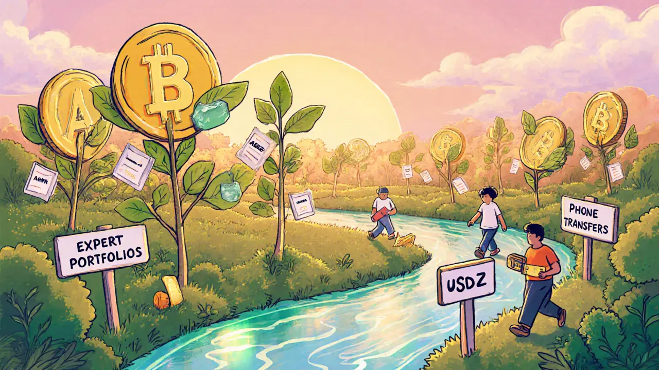 A DeFi garden shows ZAM tokens growing into trees, with AEDZ and USDZ rivers and signposts for future features.