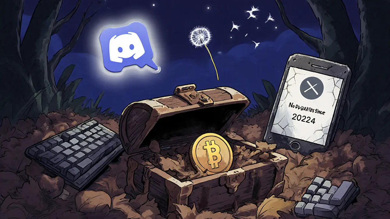 A forgotten treasure chest holds a single FIWA token amid broken tech and fading digital memories.