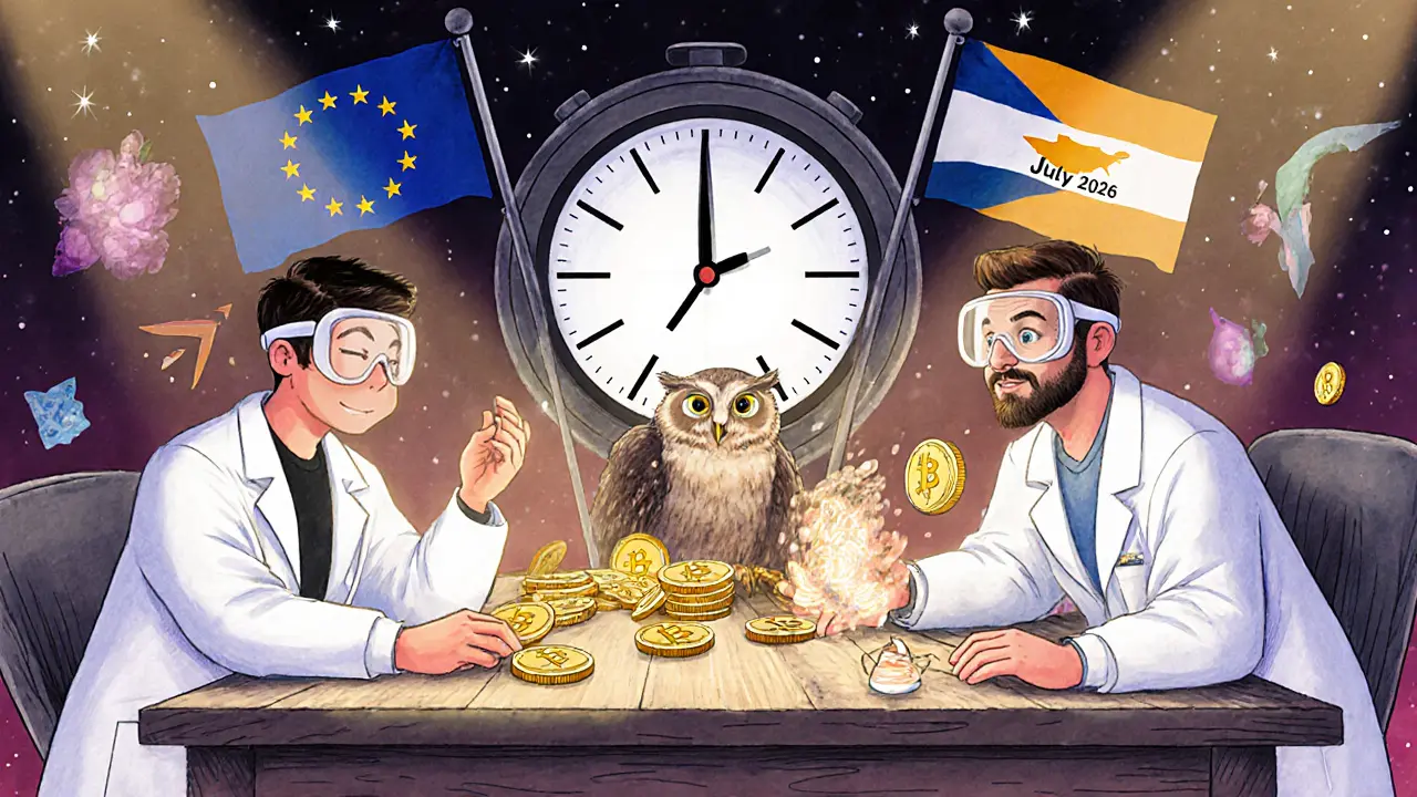 A magical regulatory sandbox where startups test crypto tokens guided by a wise owl under a ticking deadline.