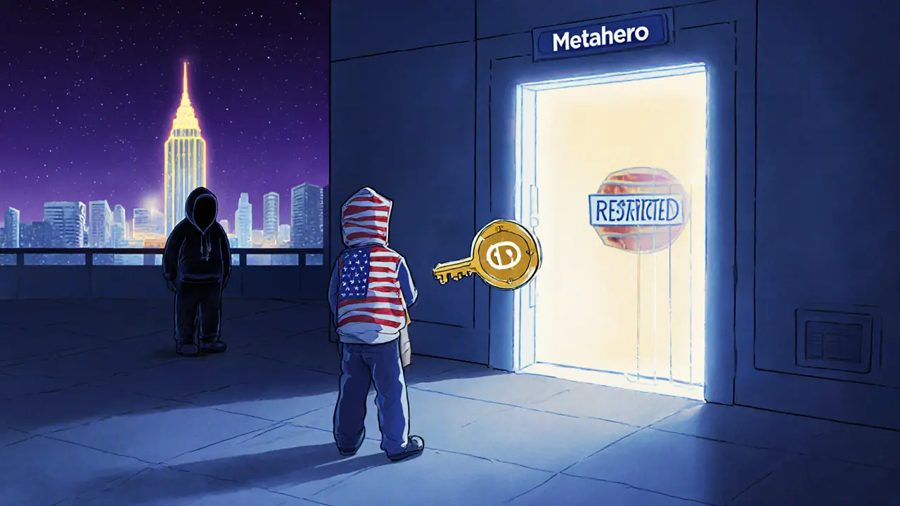 A person holding a HERO token key at a portal, while someone from the U.S. is blocked by a restricted sign.