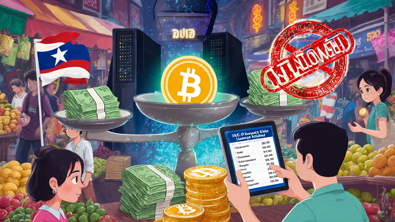 A Thai market where digital tokens are sold, a family checks the SEC license list, while a foreign server is blocked by a royal stamp.