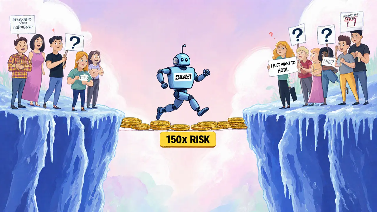 A tiny hedge fund robot crossing a bridge of USDT coins over a chasm labeled &#039;150x Risk&#039;, while confused beginners with question marks stand frozen at the edge.