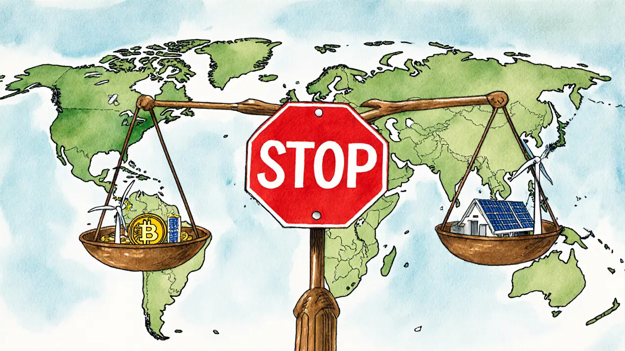 A world map with Norway under a &#039;STOP&#039; sign, energy flowing to green factories instead of crypto mines, symbolizing a global shift.