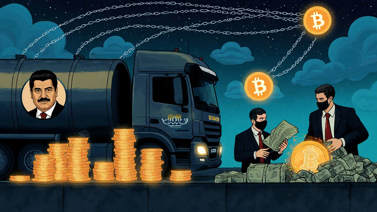 An oil truck exchanges cash for crypto tokens at a hidden dock connected to global nodes.