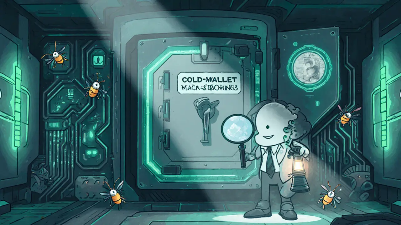 Auditor examining a vault with cold‑wallet storage while bugs hover nearby.