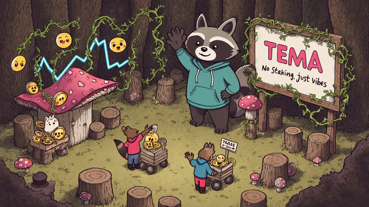 Cartoon animals trading TEMA coins on a forest marketplace with a raccoon mascot on a vine billboard.
