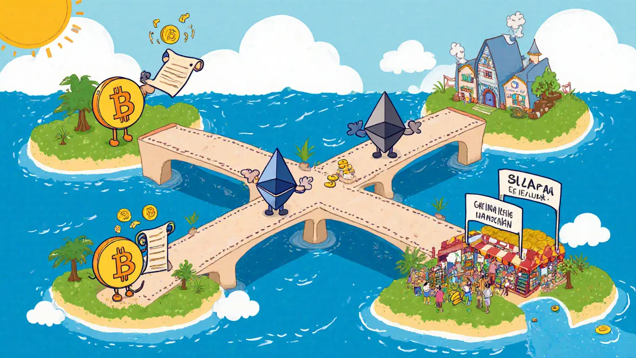 Cartoon bridges connecting blockchain islands, showing token and data exchange.