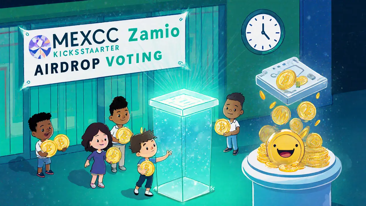 Cartoon characters vote with MX tokens at MEXC, sending ZAM token droplets into a digital wallet.