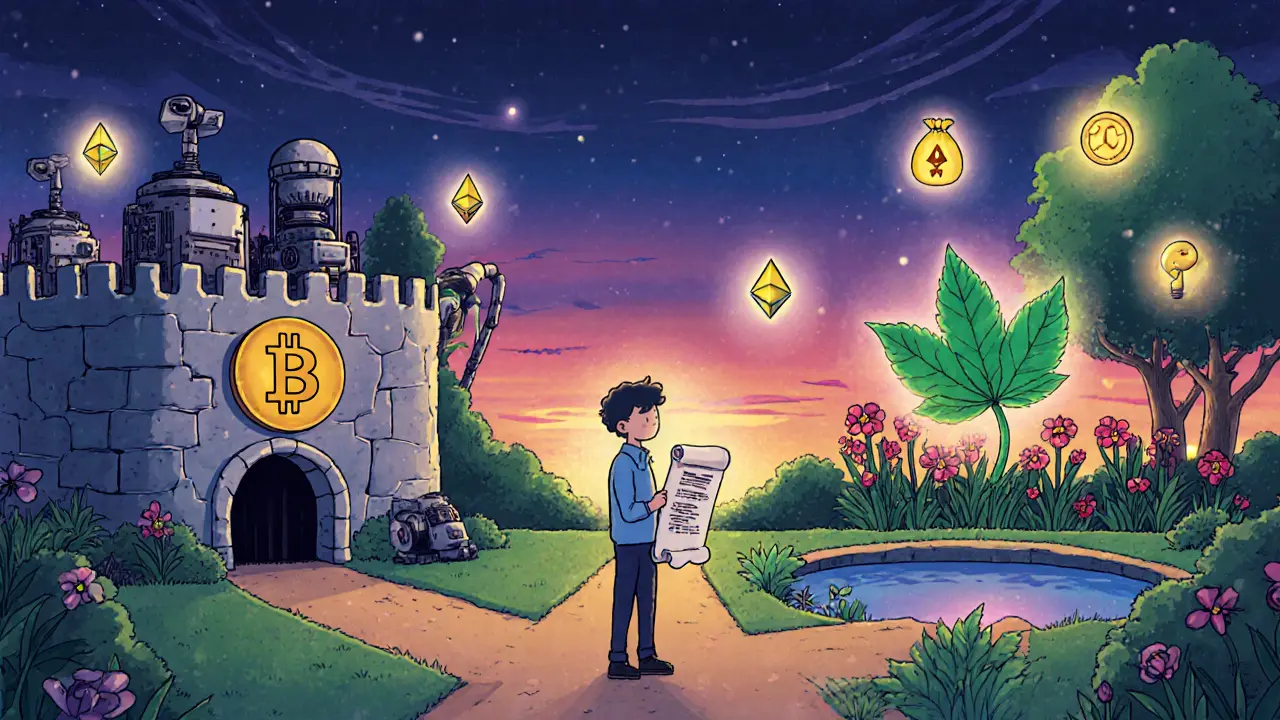 Cartoon developer at a crossroads choosing between a Bitcoin fortress and an Ethereum garden.