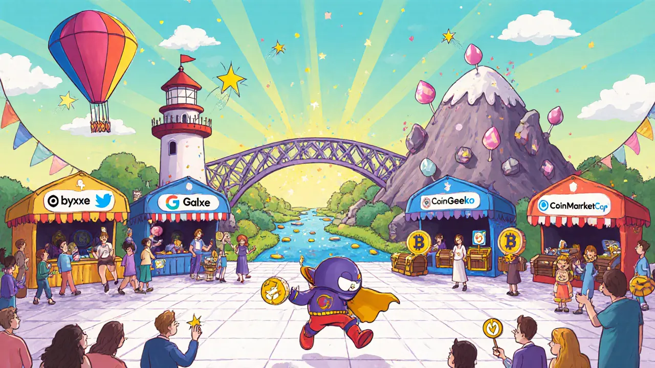 Cartoon fair with five booths for NYM airdrop platforms and a hero completing tasks.