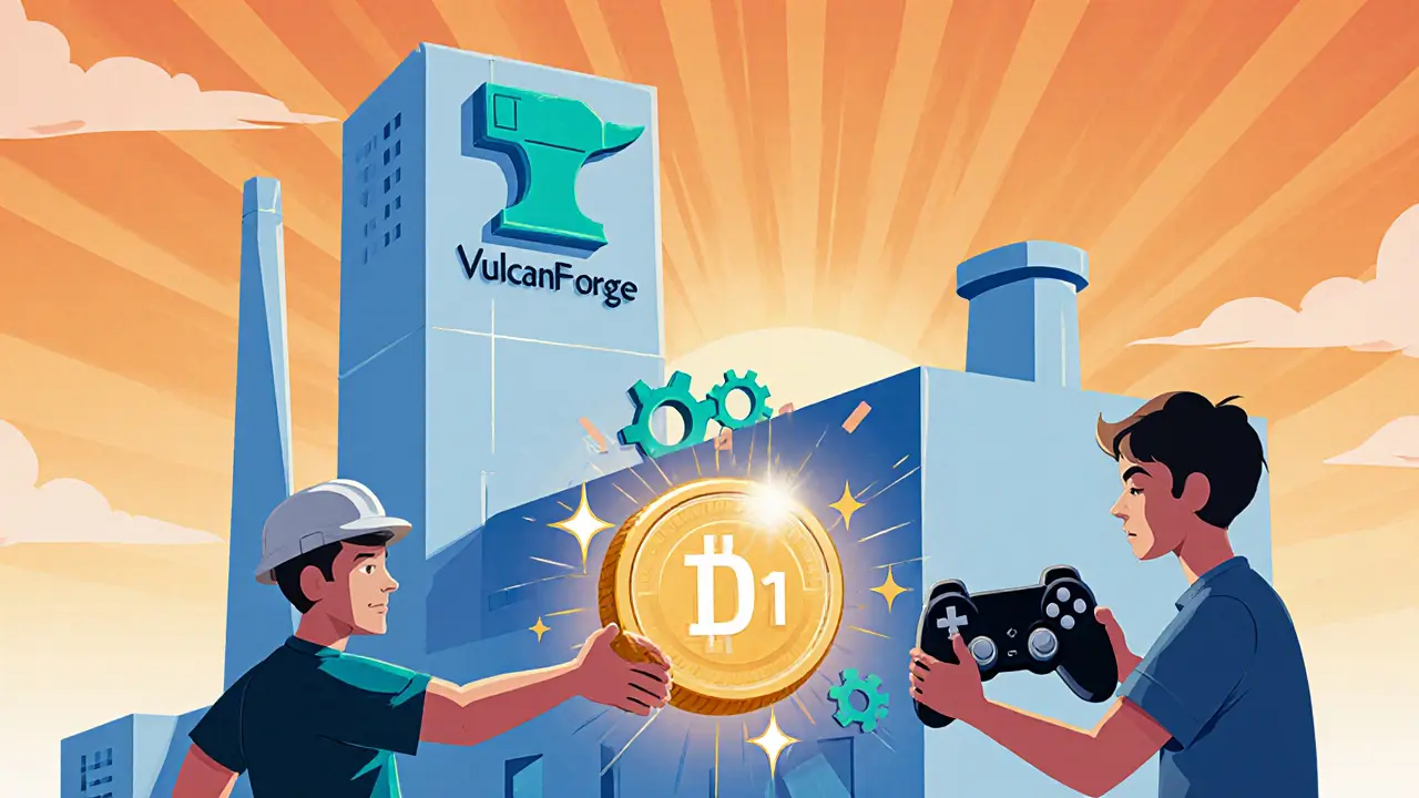 Cartoon scene of VulcanForge factory passing a glowing D11 orb to a game controller.