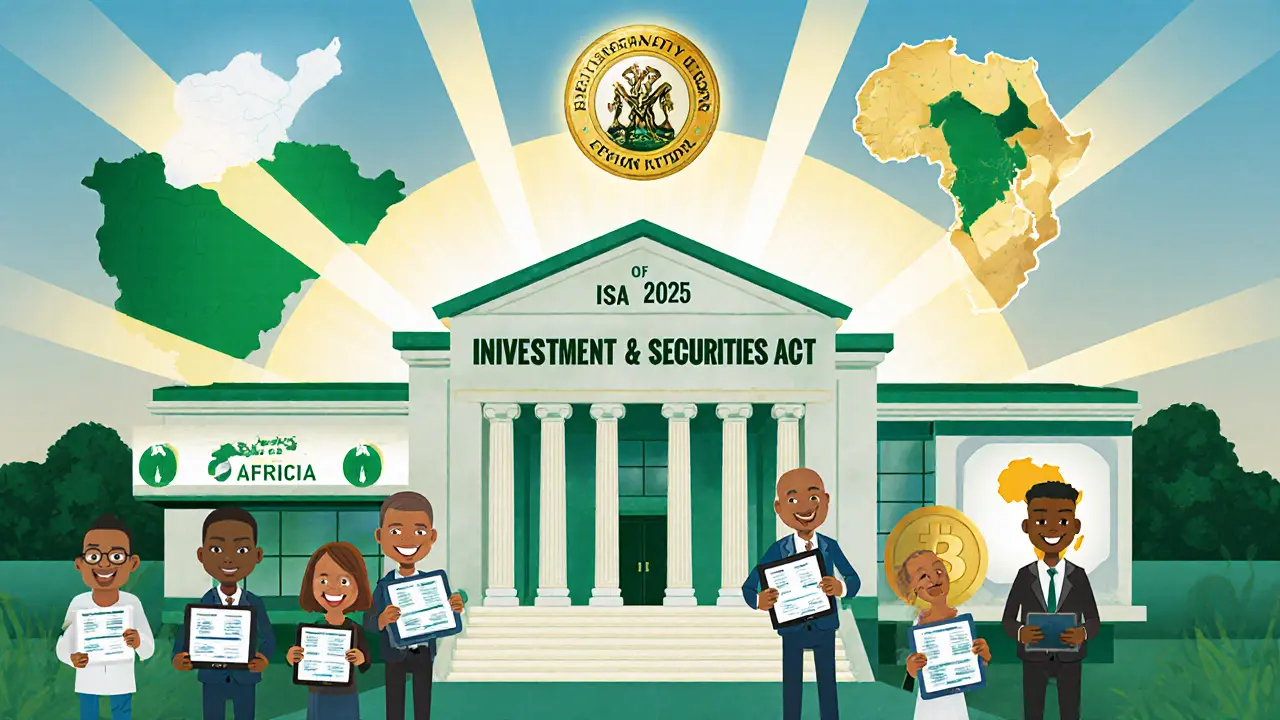 Celebratory scene of Nigeria's ISA 2025 with a courthouse, licensed traders, and glowing map.