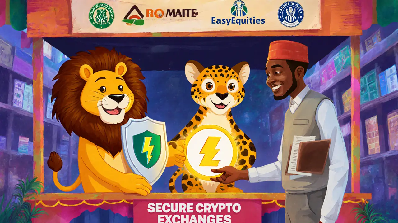 Cheerful mascots for Luno, Breet Wallet, and EasyEquities help a user.