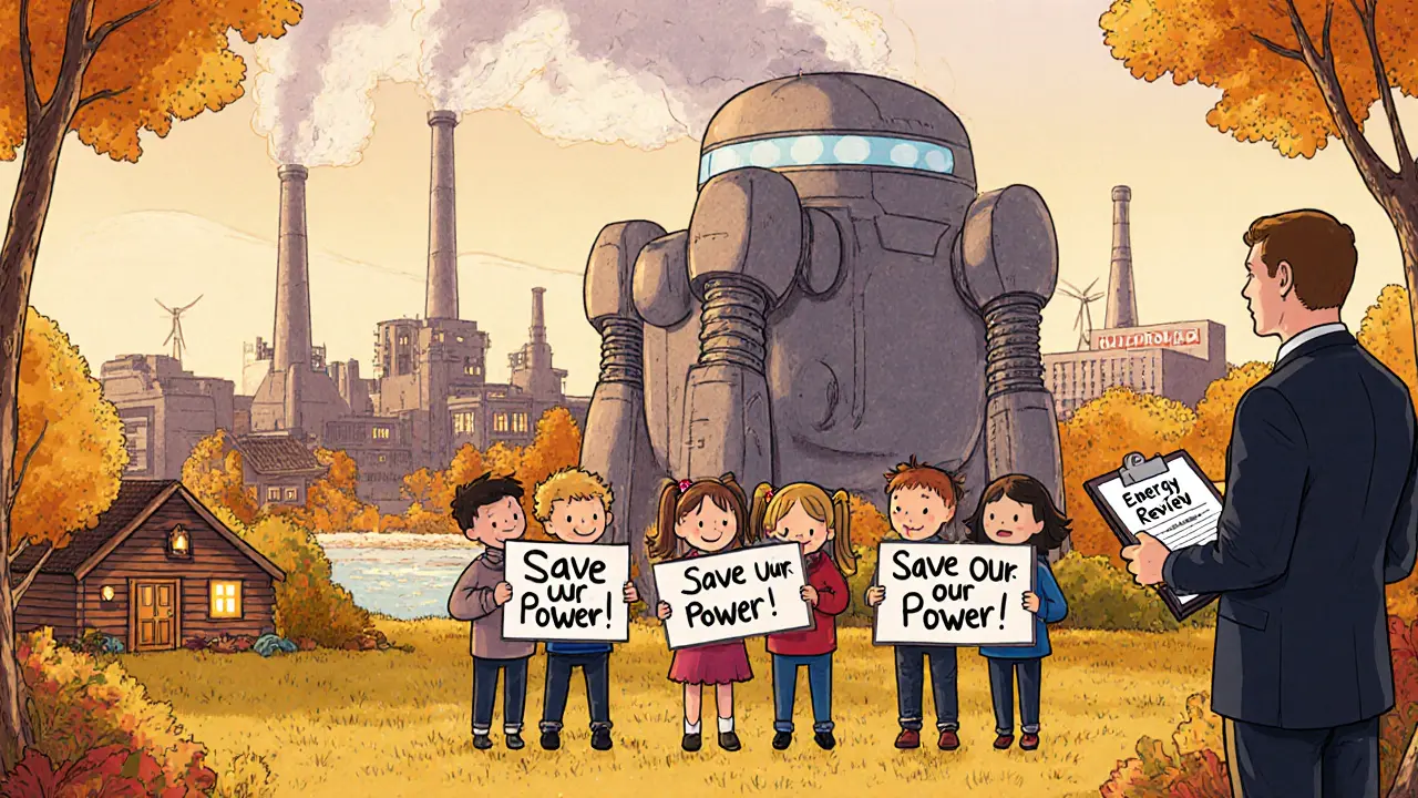 Children holding &#039;Save Our Power!&#039; signs beside a robotic data center, while clean energy factories glow warmly in the background.