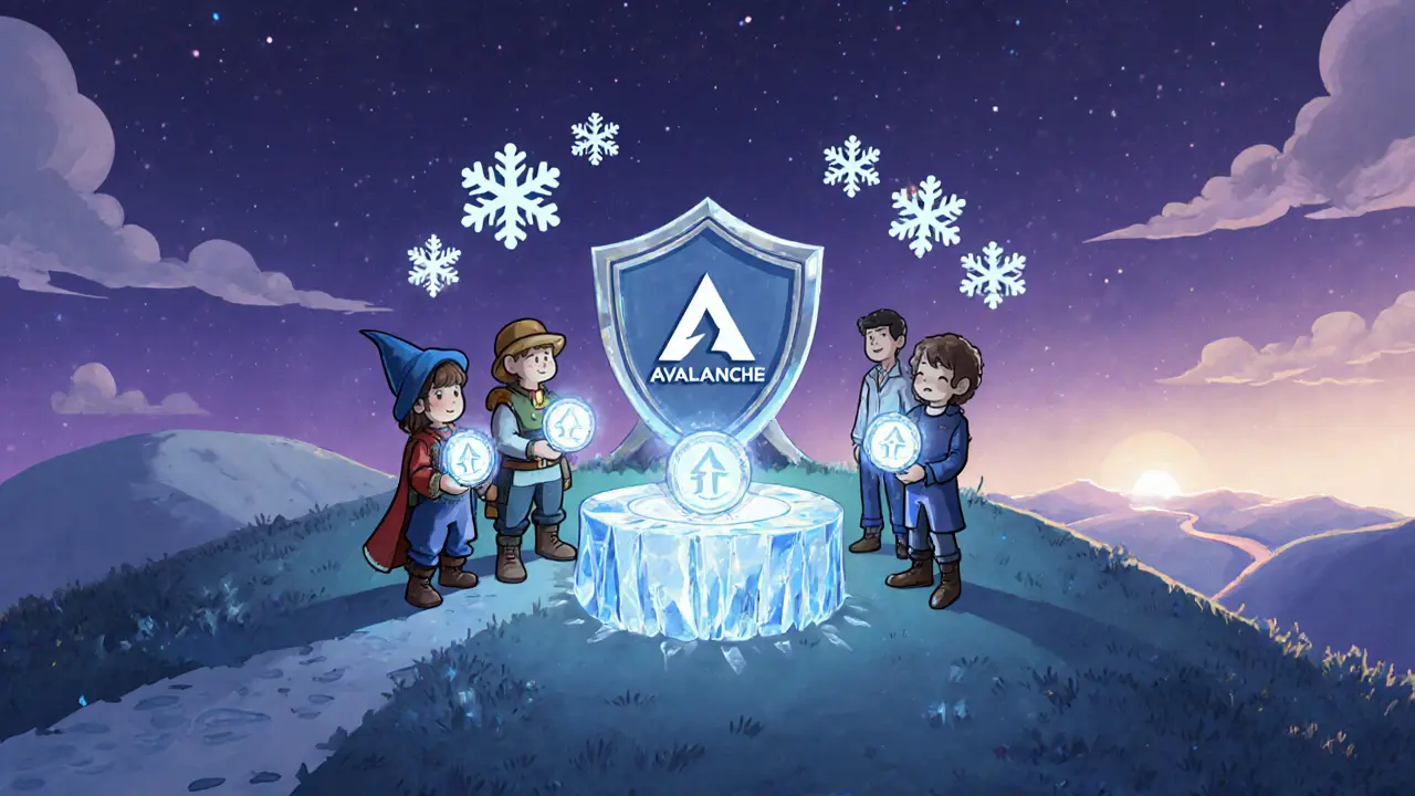 Council of characters voting with LFJ tokens beside Avalanche security shield and validator sprites.