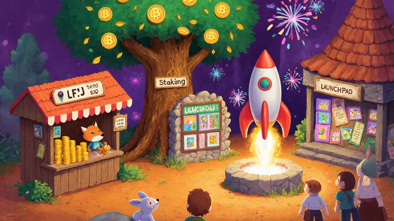 DeFi hub marketplace showing swap counter, staking tree, lending desk, NFT gallery, and launchpad rocket.