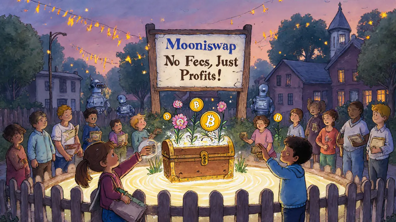 DeFi town at dusk with residents adding tokens to a glowing Mooniswap pool that blooms into fee flowers.