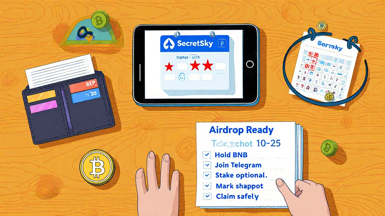 Desk scene with wallet, BNB coin, checklist and snapshot calendar for airdrop preparation.