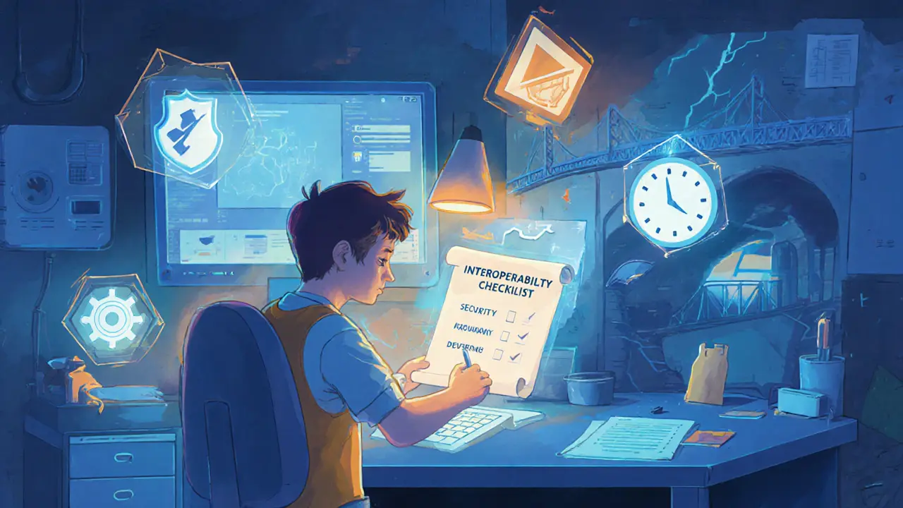 Developer reviewing an interoperability checklist with security and governance icons.