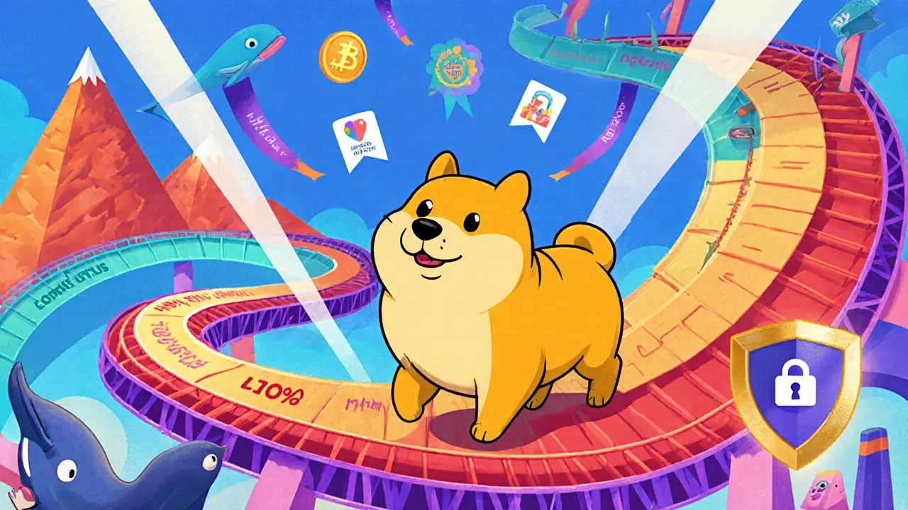 Dogei dog on a roller‑coaster road with whale, shield, and gaming/charity icons.