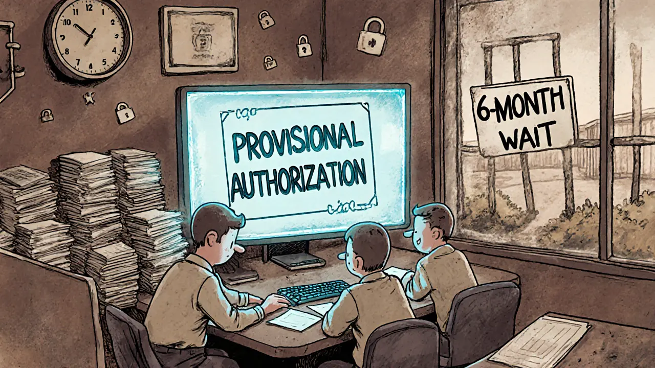 Four business owners wait in a crypto office, surrounded by paperwork and a &#039;6-MONTH WAIT&#039; sign.