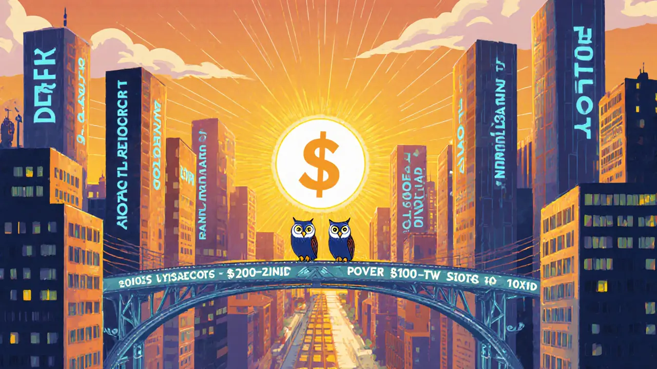 Futuristic DeFi city with bridges, owl investors, and a sunrise shaped like a dollar sign.