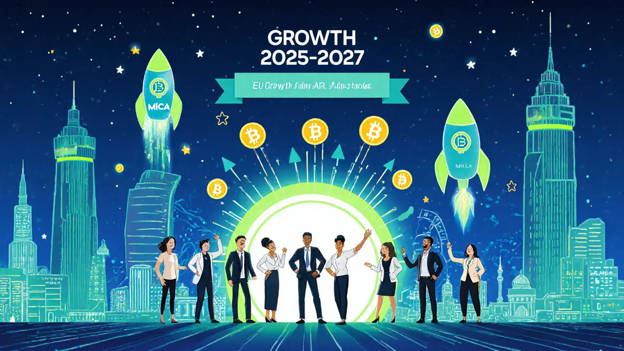 Futuristic Malta skyline with blockchain towers, rockets, and EU passporting portal.