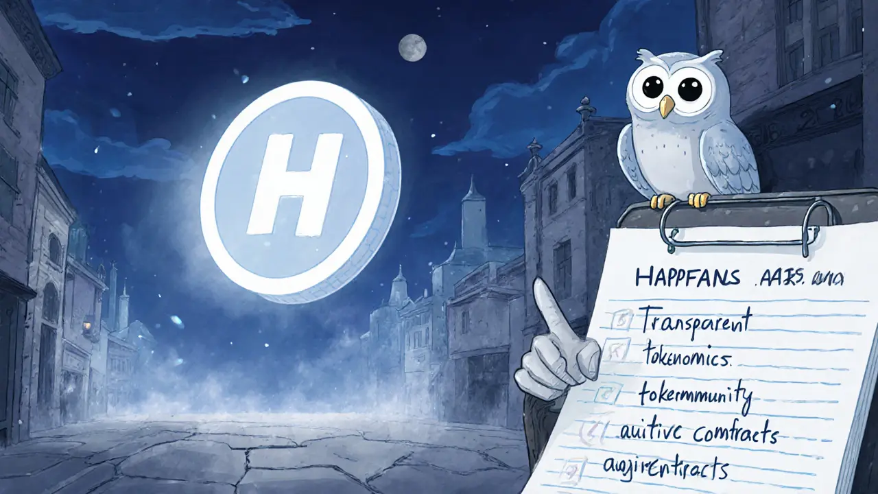 Ghostly HAPPY token over an empty market with an owl and risk checklist.