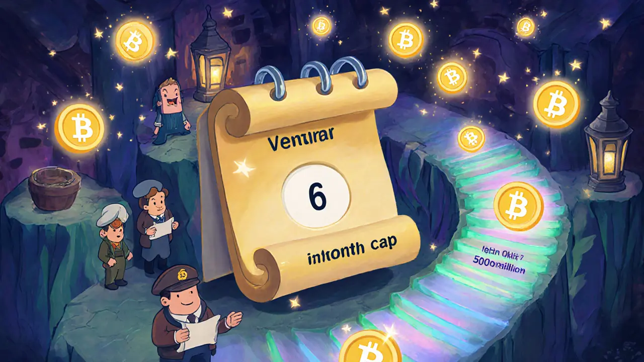 Glowing OLY tokens swirl around a November 6, 2025 calendar with a vesting staircase.