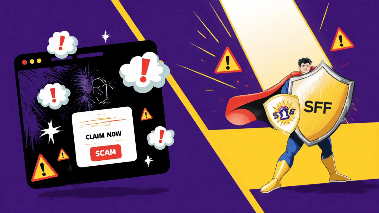 Heroic figure shields a wallet from a shady claim page with warning signs.