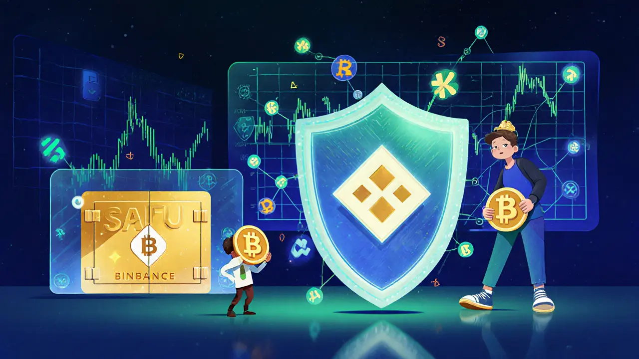 Illustrated Binance hub with BNB token, MPC security shield, charts and SAFU vault.