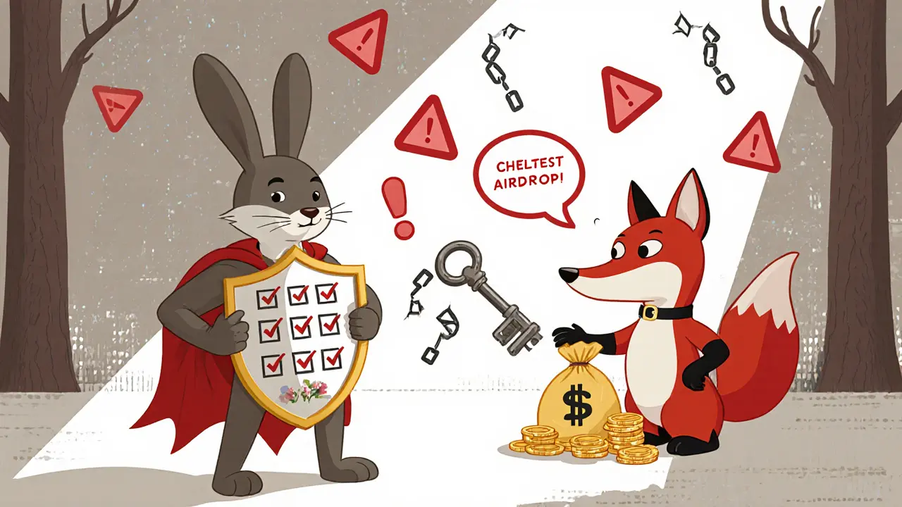 Illustration of a hero rabbit rejecting a shady fox offering a fake D11 airdrop with warning symbols.
