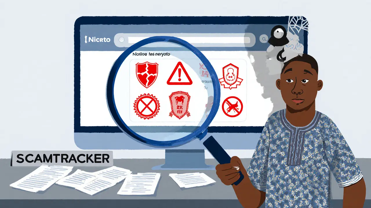 Magnifying glass reveals red‑flag warnings around a crypto platform.