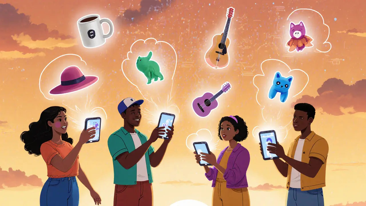 People scanning everyday objects that transform into colorful holographic NFTs in a shared digital space.