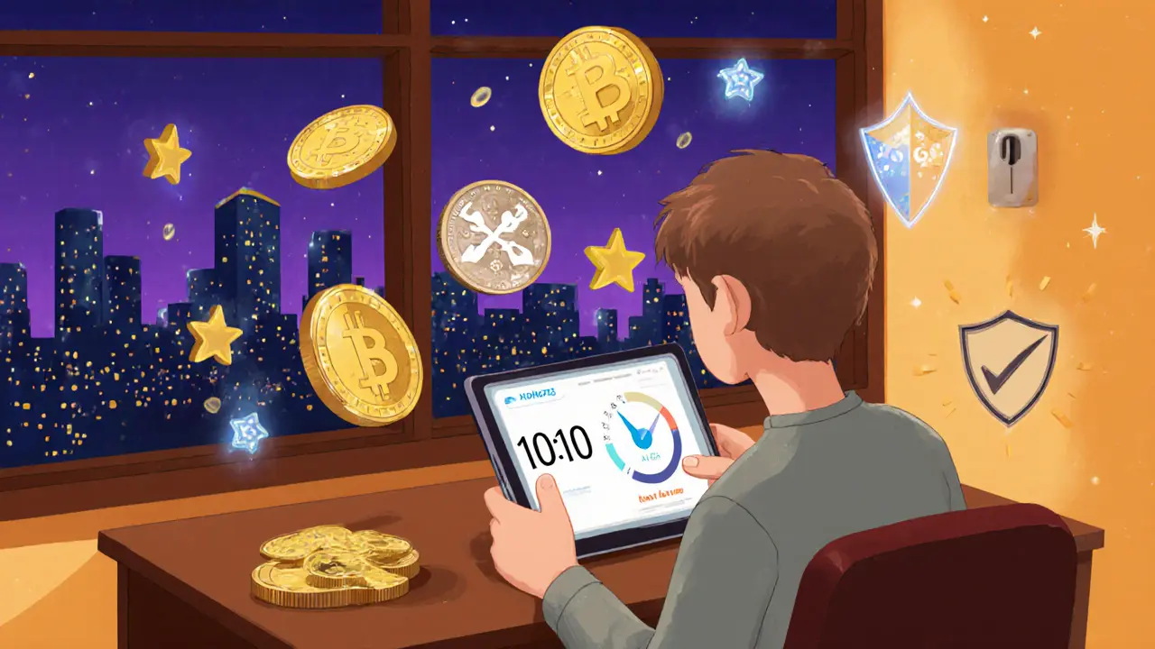 Person at desk viewing a tablet showing a snapshot timer and floating MAN, NFT, ALGA tokens.