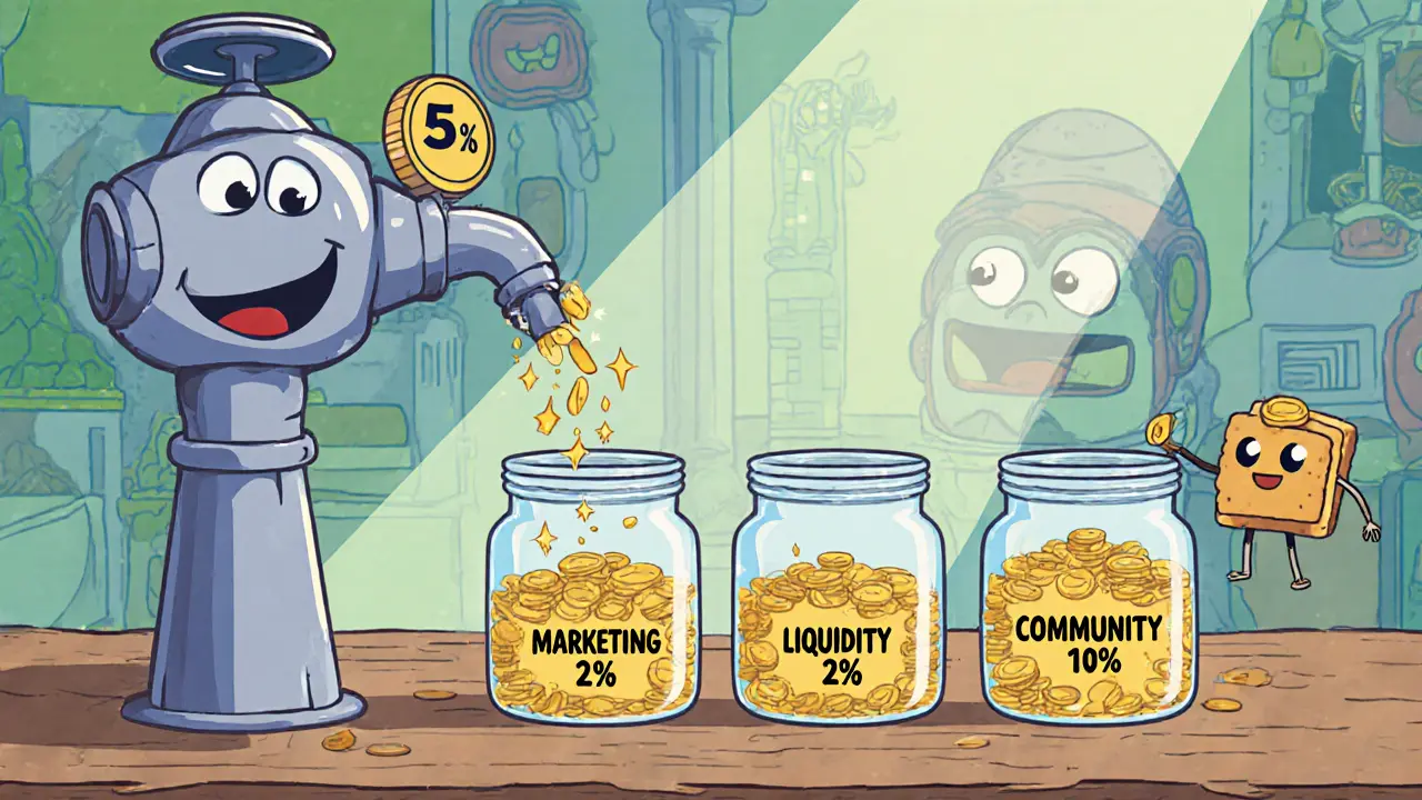 Playful factory scene with jars showing Dogei's tax split into marketing, liquidity, and community.