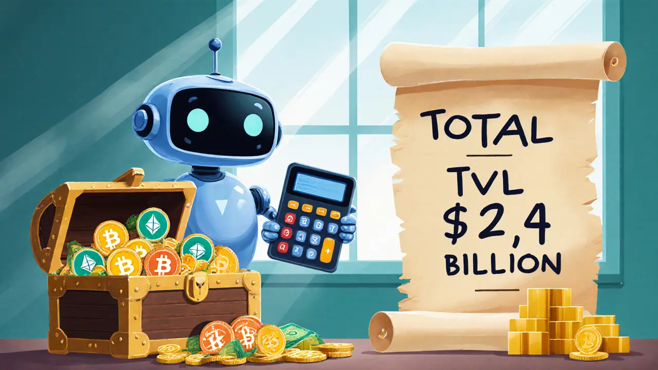 Robot accountant calculates TVL using ETH, USDC, and wBTC tokens in a treasure chest.