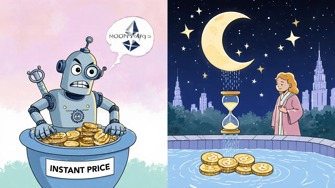 Split illustration showing arbitrage bots stealing coins from Uniswap versus coins flowing into Mooniswap's delayed-price pool.
