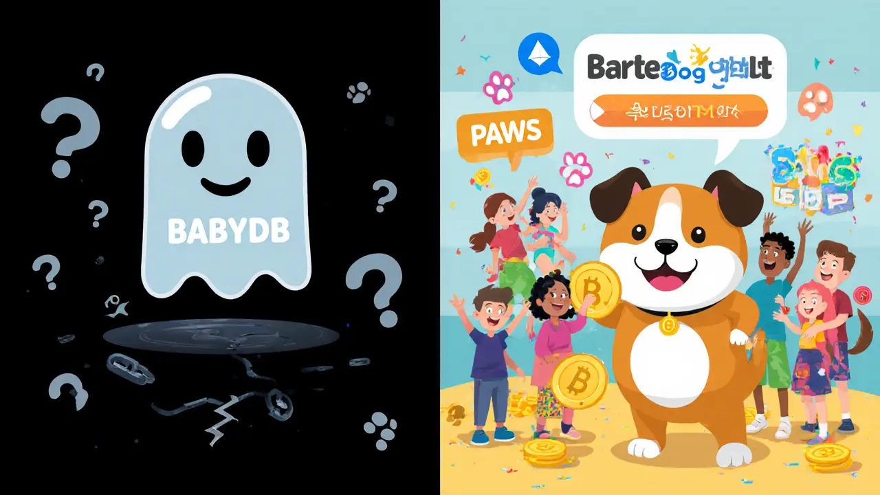 Split scene: ghostly BABYDB token vs. lively BabyDoge community with PAWS airdrop.
