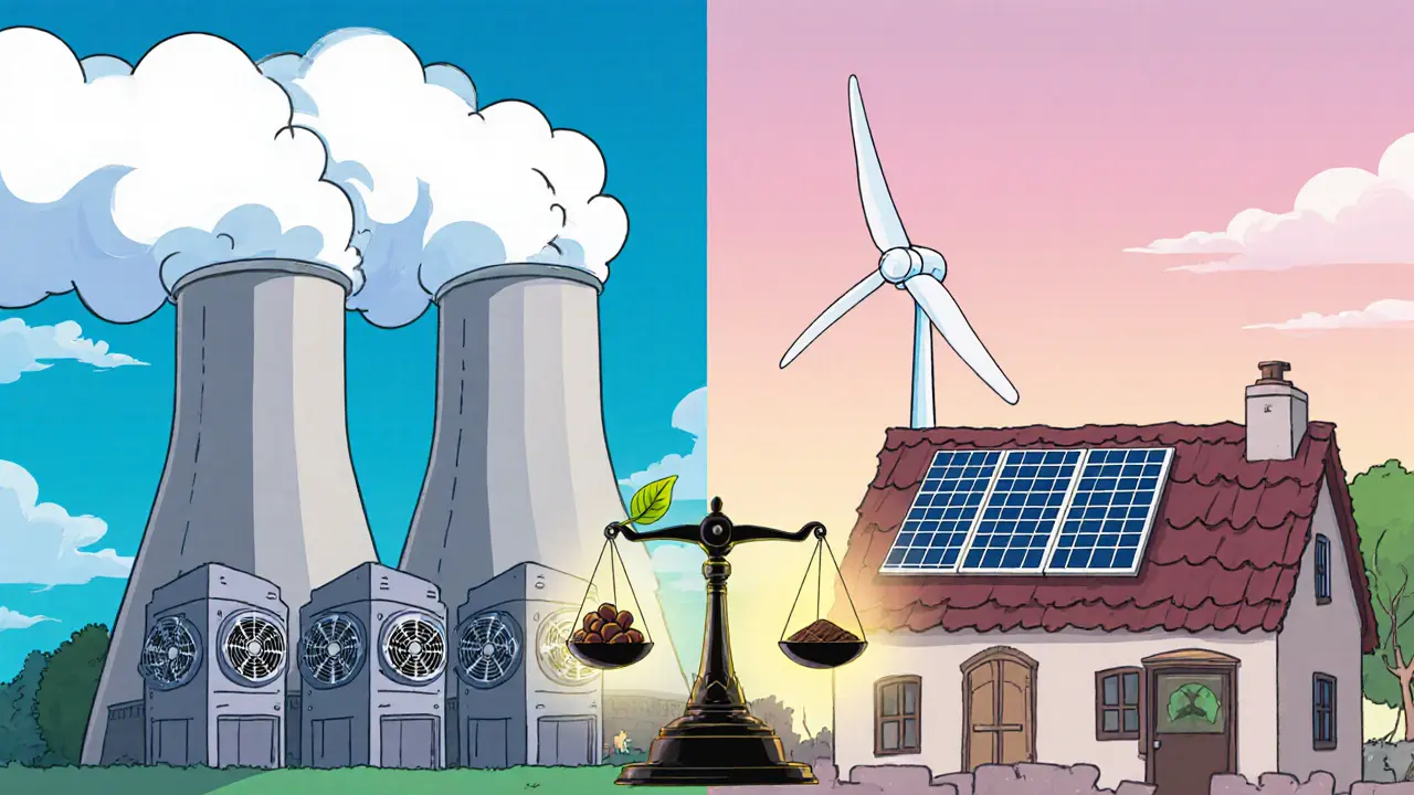 Storybook illustration contrasting a smoky power plant mining rigs with a solar‑powered validator cottage.