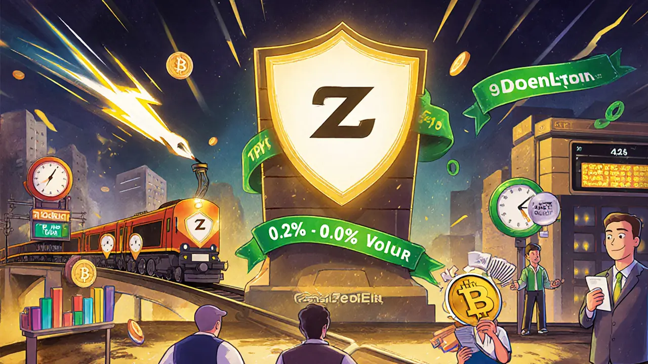 Storybook market showing security shields, StarkEx train, charts, and low‑fee ribbons.