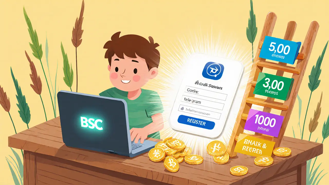 Storybook scene of a user registering for the CORGI airdrop with a phone and a referral ladder of tokens.