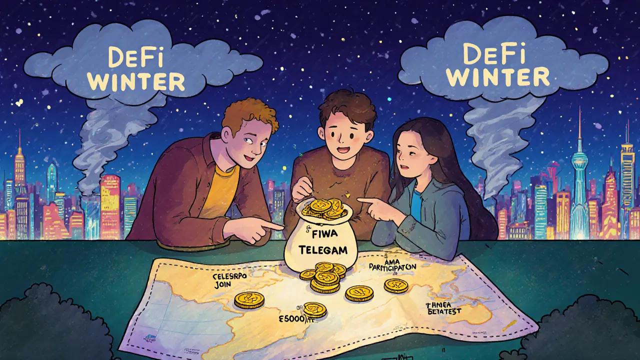Three early community members study a hand-drawn map marked with airdrop tasks under a glowing sky.