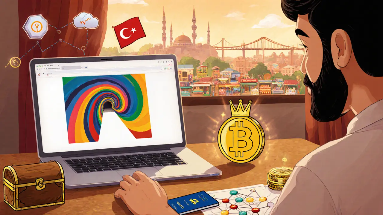 Trader using VPN, hardware wallet, DAI on Polygon, and Turkish skyline backdrop.