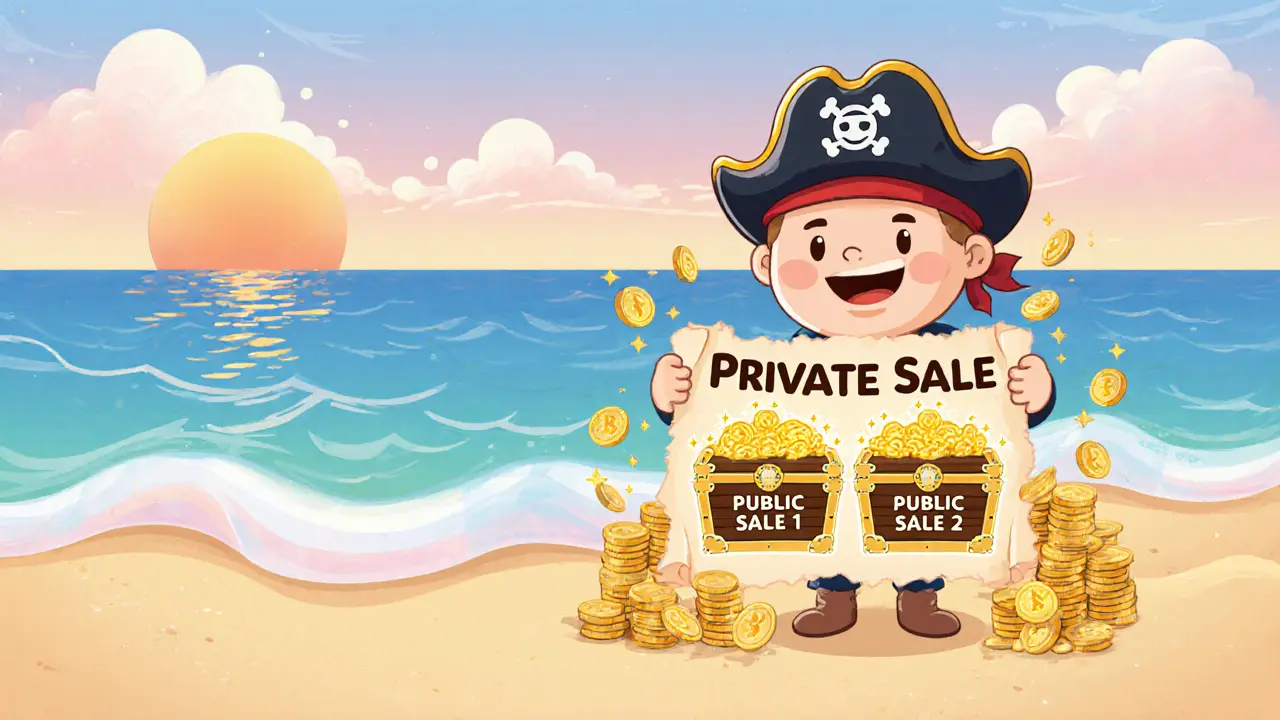Treasure map style scene showing three token sale chests and sparkling coins.