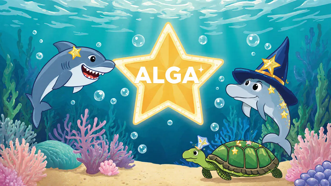 Underwater scene with shark, dolphin, turtle characters and star-shaped Ocean Star NFTs.